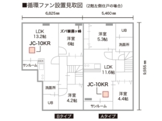 循環ファン設置見取図（2階左側住戸の場合）