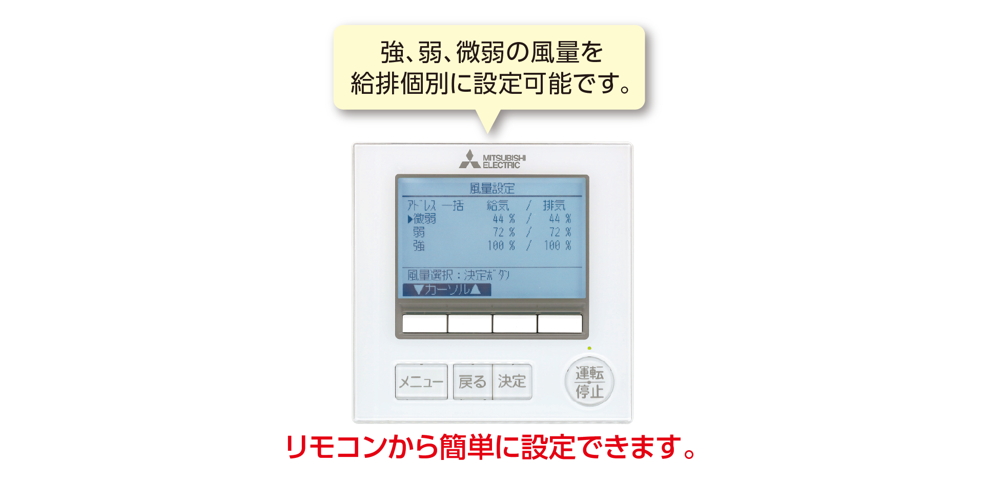 強、弱、微弱の風量を給排個別に設定可能