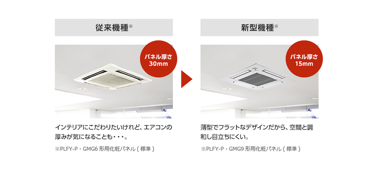従来機種と新型機種の比較図。左：従来機種はパネル厚さ30mm。インテリアにこだわりたいけれど、エアコンの厚みが気になることも・・・。右：新型機種はパネル厚さ15mm。薄型でフラットなデザインだから、空間と調和し目立ちにくい。
