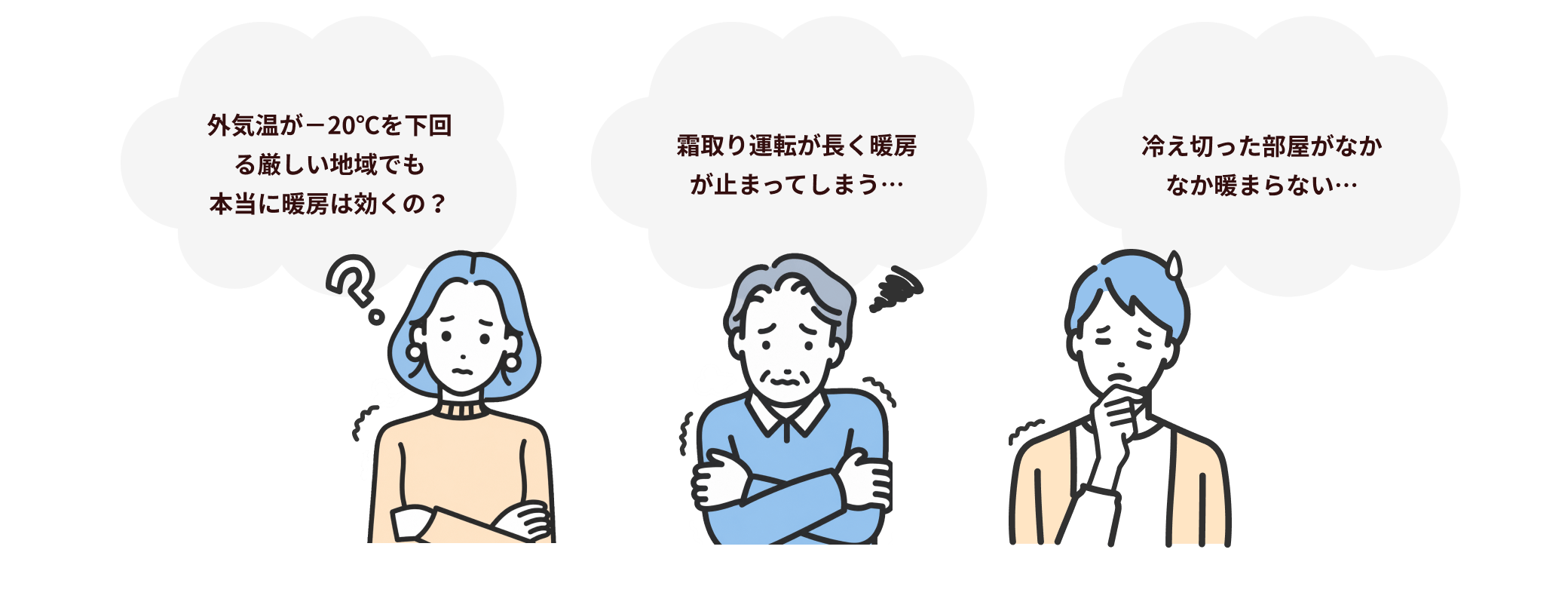 寒冷地にお住まいの方のお悩み。「外気温がマイナス20℃を下回る厳しい地域でも本当に暖房は効くの?」「霜取り運転が長く暖房が止まってしまう…」「冷え切った部屋がなかなか暖まらない…」