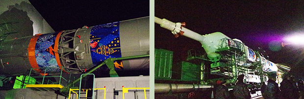 左：ソユーズロケットの機体には、2020年のあのスポーツ祭典でロシア選手も着用する、ロシアの伝統的なデザインが。右：横倒しになって列車で運ばれるロケット