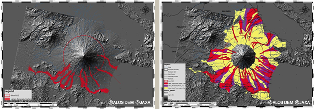 「だいち」データからフィリピンのマヨン火山の泥流をシミュレーションしたのが左の図の結果もふまえて泥流ハザードマップが作られた例。黄色、紫、赤の順番で警戒の度合いが強まる。2009年噴火時には避難に役立てられた。（マップ：フィリピン地震火山研究所(PHIVOLCS）作成）（提供：ALOS DEM,JAXA）