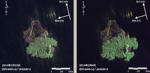 海底火山の活動監視にも。写真は航空機搭載レーダが観測した西之島の火山活動。1月と2月で変化している様子がわかる。「だいち2号」でも同様の観測が期待できる。（提供：Pi-SAR-L2/JAXA2014）