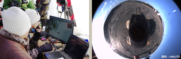左：ローバーから送ってくる映像やデータを元に、コントロールルームから遠隔操作中。月－地球間の往復の通信時間3秒の遅れも模擬。右：ローバーの360度カメラで撮影した映像。このような高解像度の映像が本番でも送られてくる予定。（提供：HAKUTO）