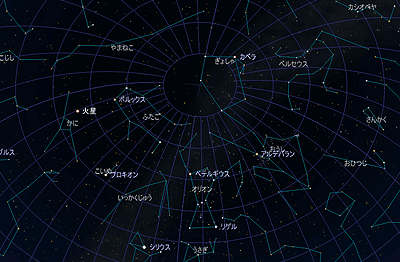 参考：2月15日午後8時の天頂付近の空の様子。（東京）ステラナビゲーターVer.8／アストロアーツで作成しました。