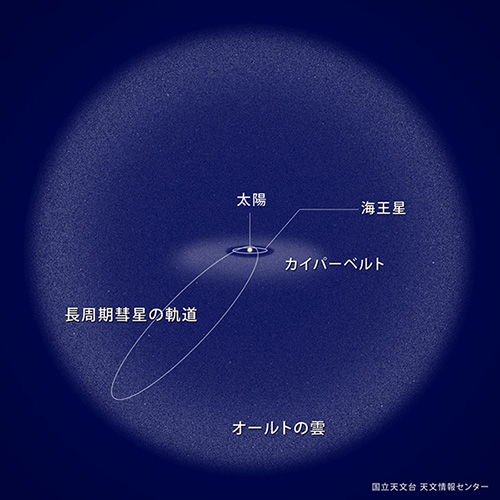 円盤状のエッジワース・カイパーベルトを覆うように、オールトの雲が球殻状に広がっています。（提供：国立天文台 天文情報センター）