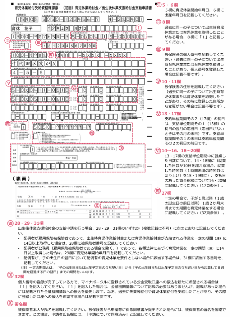 記載例：育児休業給付受給資格確認票・（初回）育児休業給付金／出生後休業支援給付金支給申請書