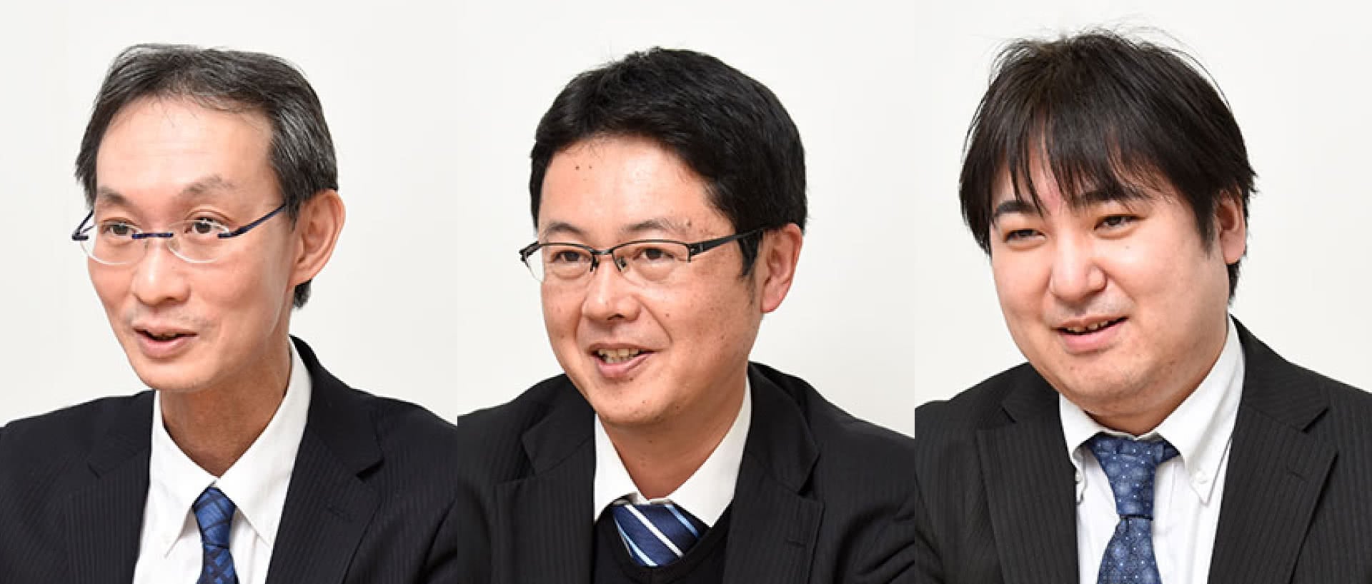 三菱電機ITソリューションズ株式会社　ソリューション事業部　ソリューション推進部長　小松 雄一郎 氏（左）三菱電機ITソリューションズ株式会社　ソリューション事業部　首都圏システムエンジニアリング第二部 部長　三里 峰義 氏（中）三菱電機ITソリューションズ株式会社　ソリューション事業部　首都圏システムエンジニアリング第二部 第三課長　加藤 泰継 氏（右）