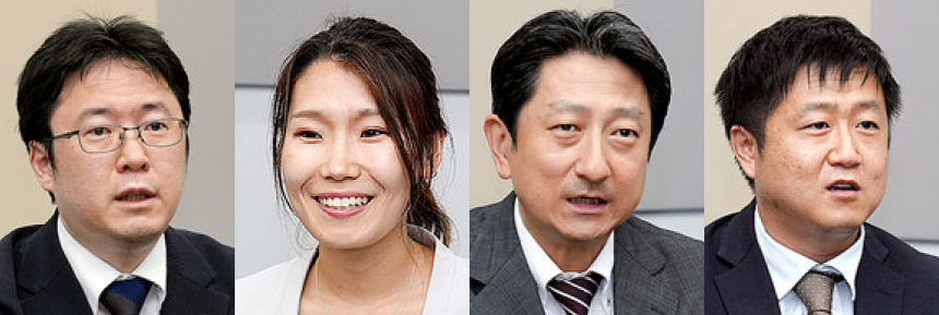 左から、三菱電機インフォメーションシステムズ株式会社　産業第一事業部 製造DX推進グループ　グループマネージャー　中松 幸治 氏 三菱電機インフォメーションシステムズ株式会社　産業第一事業部 製造システム第二部 第二課　仁平 百合菜 氏 三菱電機インフォメーションシステムズ株式会社　産業第一事業部 製造営業部 第二課　担当課長　中谷 壮志 氏 三菱電機インフォメーションシステムズ株式会社　産業第一事業部 製造システム第二部 第二課　韓 剛熙 氏