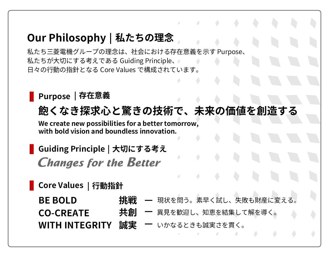 Our Philosophy 私たちの理念 私たち三菱電機グループの理念は、社会における存在意義を示すPurpose、私たちが大切にする考えであるGuiding Principle、日々の行動の指針となるCore Valuesで構成されています。