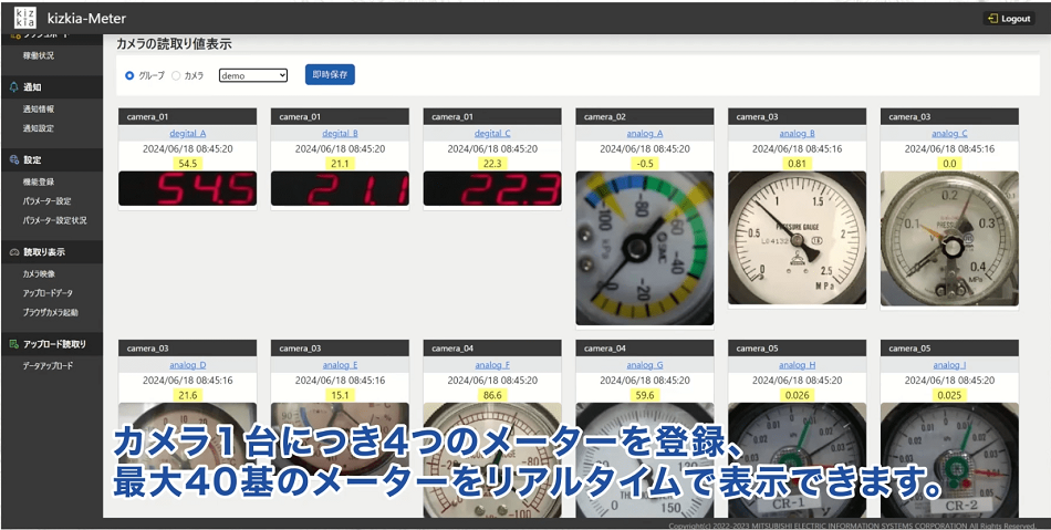 カメラ1台につき4つのメーターを登録、最大40基のメーターをリアルタイムで表示できます。